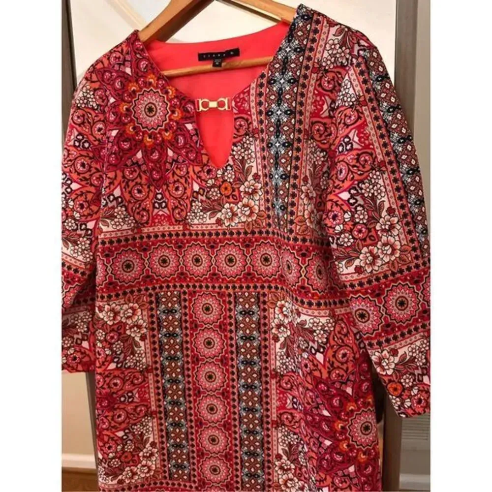 Tiana B Red Navy Silk Garden Tunic Pullover Top Size‎ 10 - Image 3
