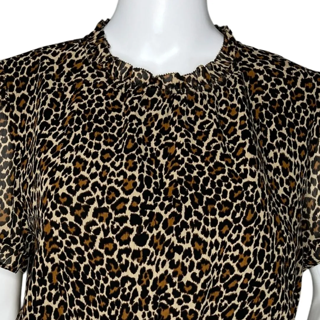 J.Crew Shirt Womens Small Brown Cheetah Print Ruffle Neck Peplum Rockabilly Edgy - Image 5