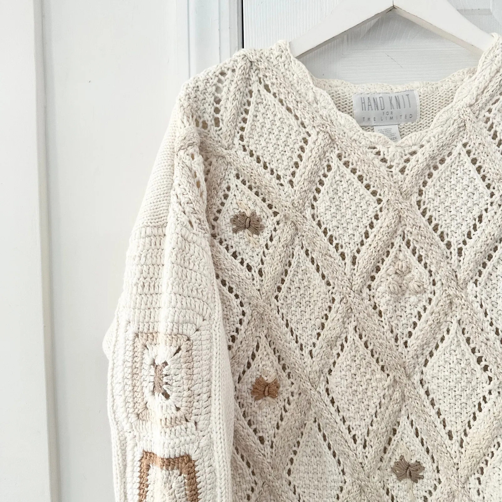 Vintage The Limited Hand Knit Cream White Granny Square Chunky Sweater Jumper OS - Image 2