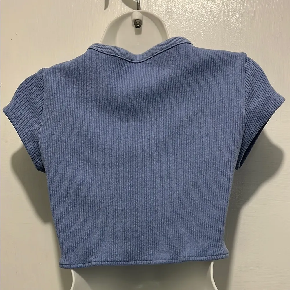 Zara Blue Fitted Polo Crop Top Cap Sleeves - Image 2