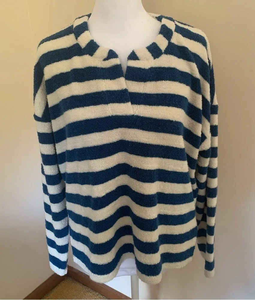 Madewell Blue and White Striped Terry Terry Notched Sweatshirt Size Small - Image 3