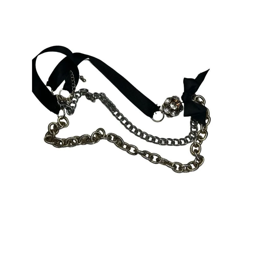 Chunky gold and layered silver chain necklace with black bow and ribbon neckline - Image 3