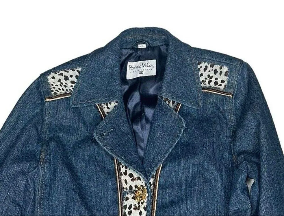 Pamela McCoy Animal Print Trim Embellished Bling Button Blue Denim Jean Jacket M Size M - Image 2