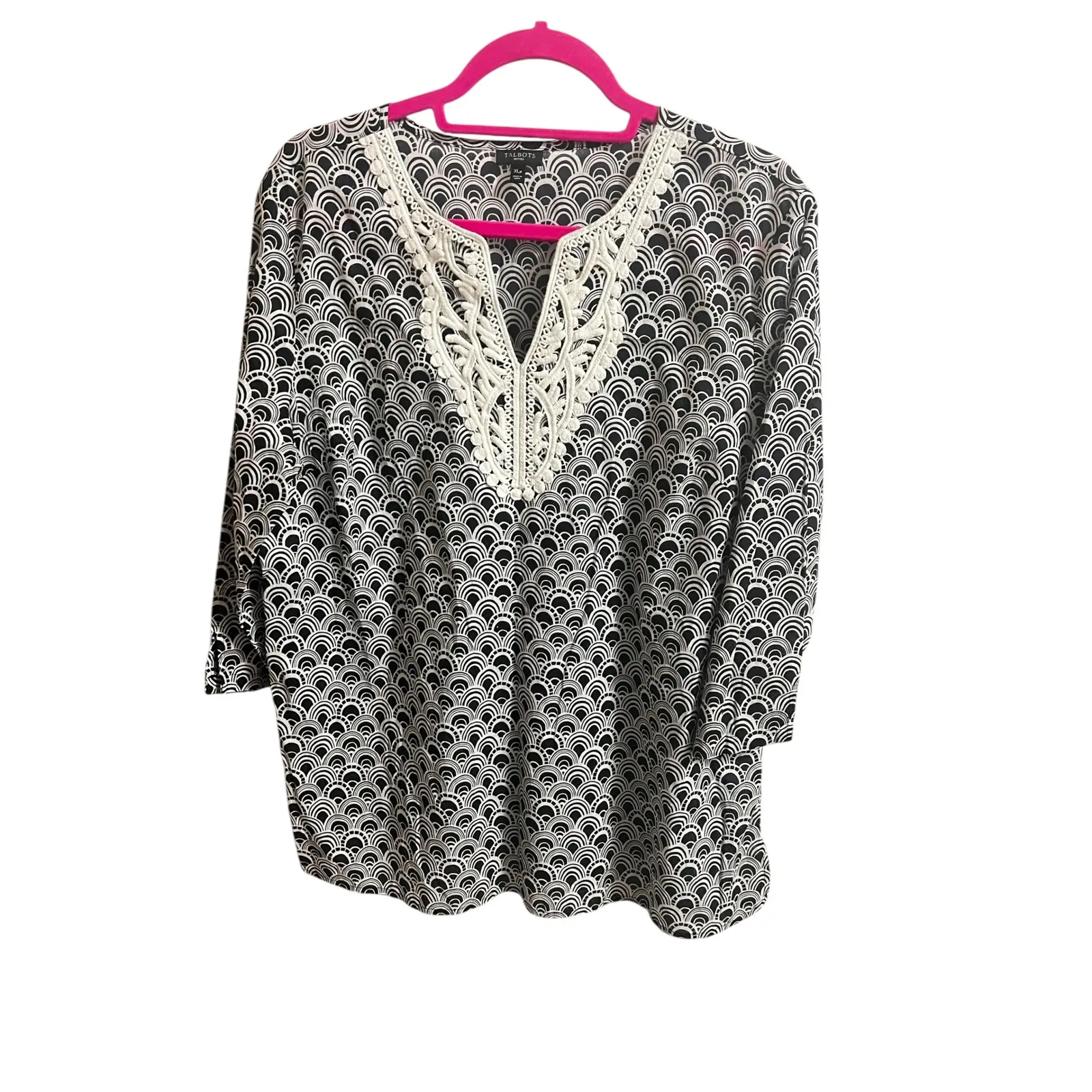 Talbots Women's Black White Geometric Crochet Lace Tunic Top XLP 3/4 Sleeve - Image 2