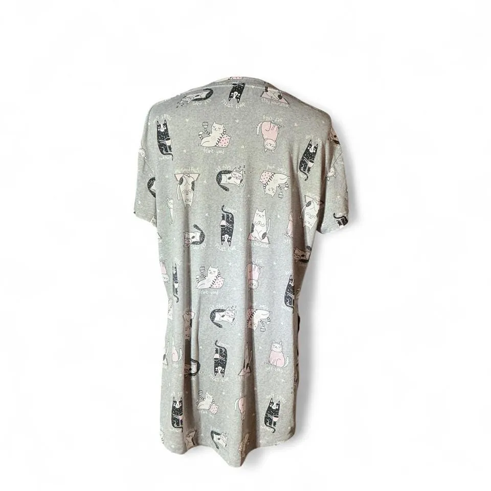 Peanuts Snoopy Cat Print Sleep Shirt Nightgown Womens S M Grey V Neck Cat Lady - Image 2