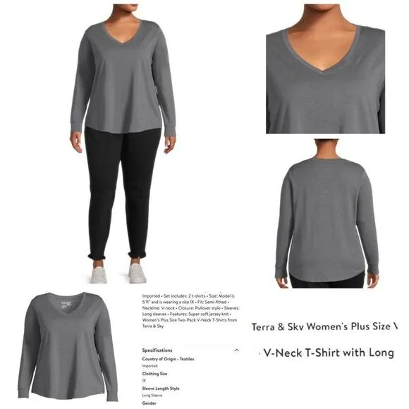 's V-Neck T-Shirt women’s plus size 3XL tee black Soot dark grey top - Image 3