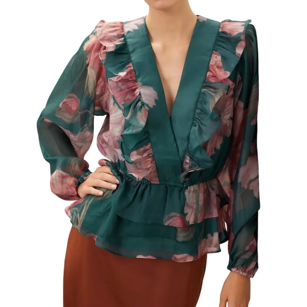 Hutch V-Neck Long Sleeve Floral Sema Top in Green Multi, Size XL - Image 2