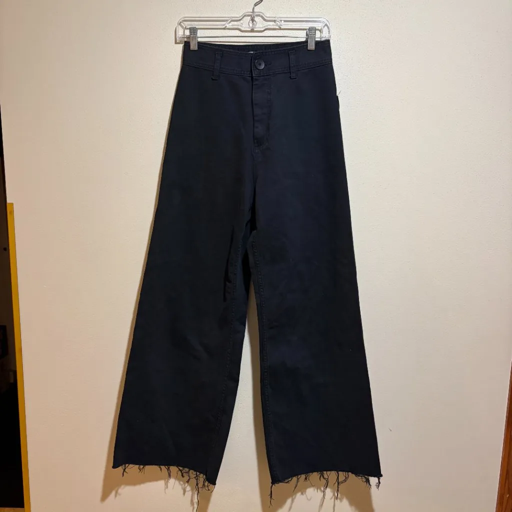 Zara Marine Straight Wide Leg Jeans Frayed Raw Hem Black High Waist - Image 2