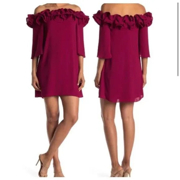 Halston Heritage Flowy Mini Dress Off The Shoulder Ruffle Trim Pink Women’s 2 - Image 2