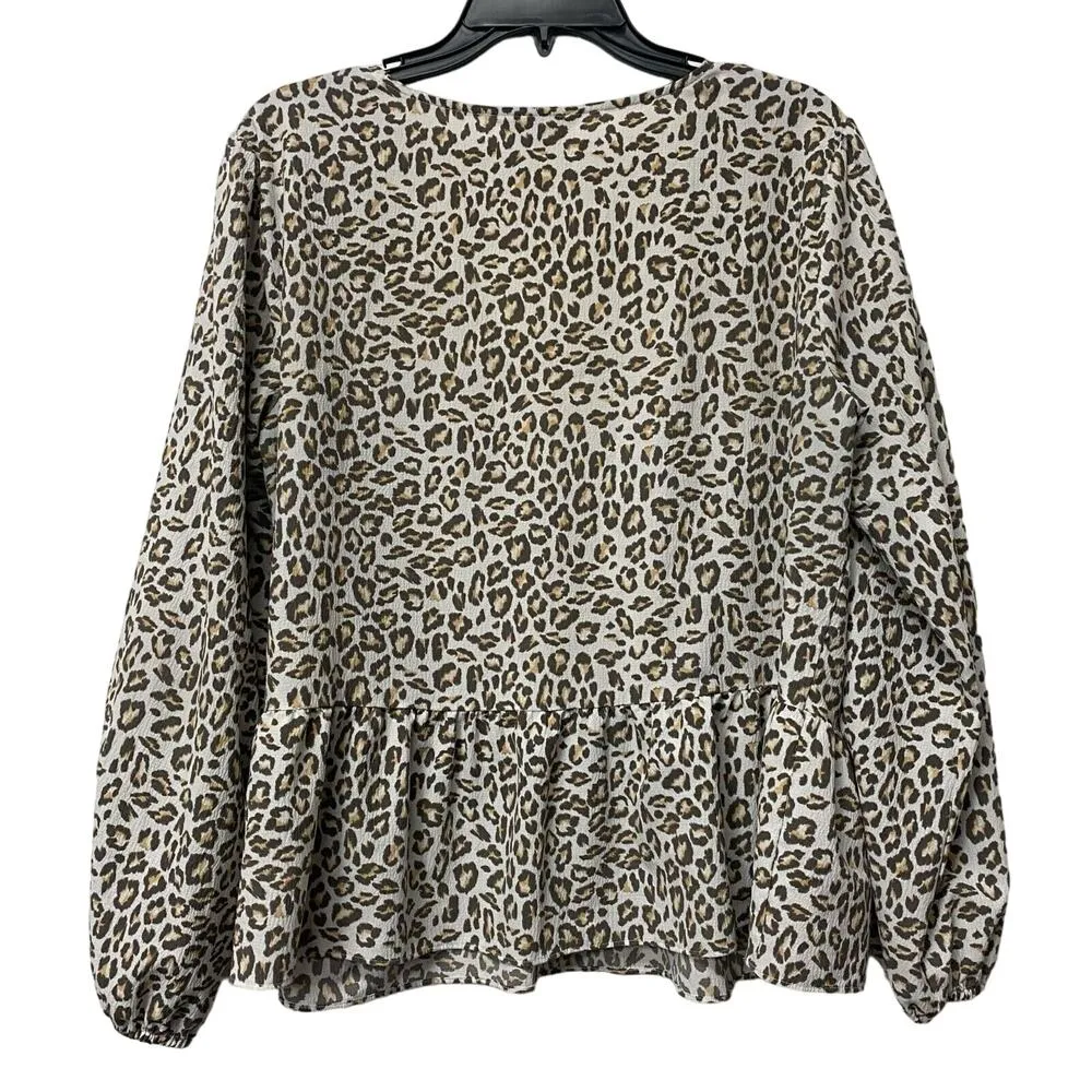 Nine West V-Neck Leopard Print Peplum Long Sleeve Blouse Top Women's Size L - Image 2