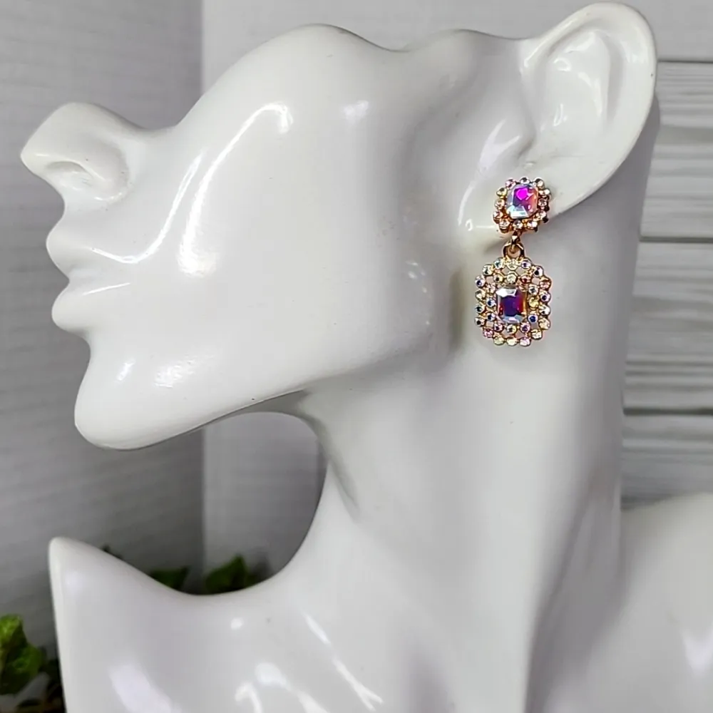 Gold and Iridescent AB Crystal Stones Glam Earrings - Image 4