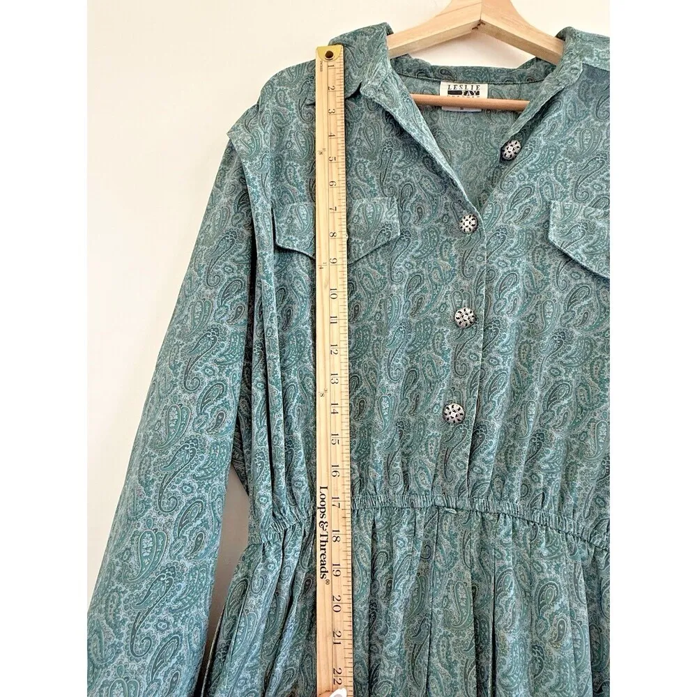 Vintage 90s Pine Green Paisley Print Shirt Dress Midi Secretary Sage Pleated 16 - Image 5