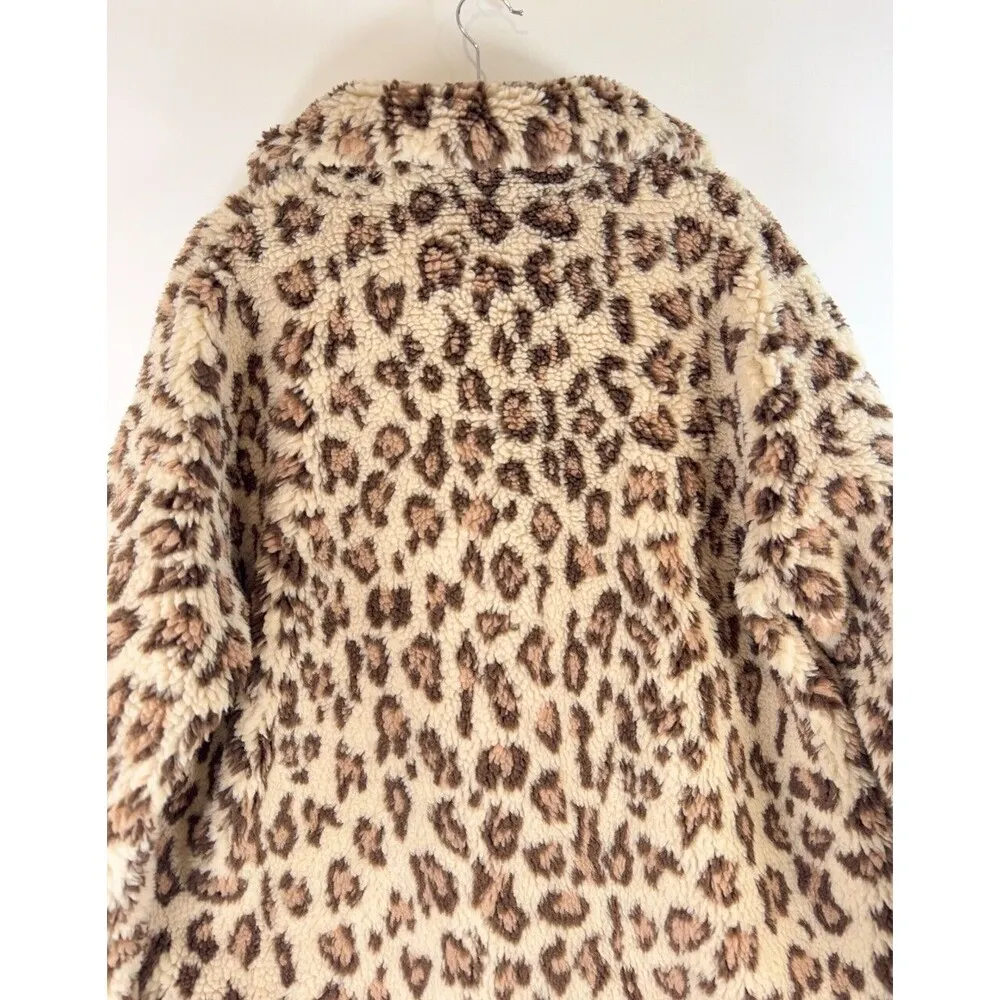 Show Me Your MuMu Women Jacket Brown Cordelia Leopard Faux Fleece Full Zip Large - Image 10