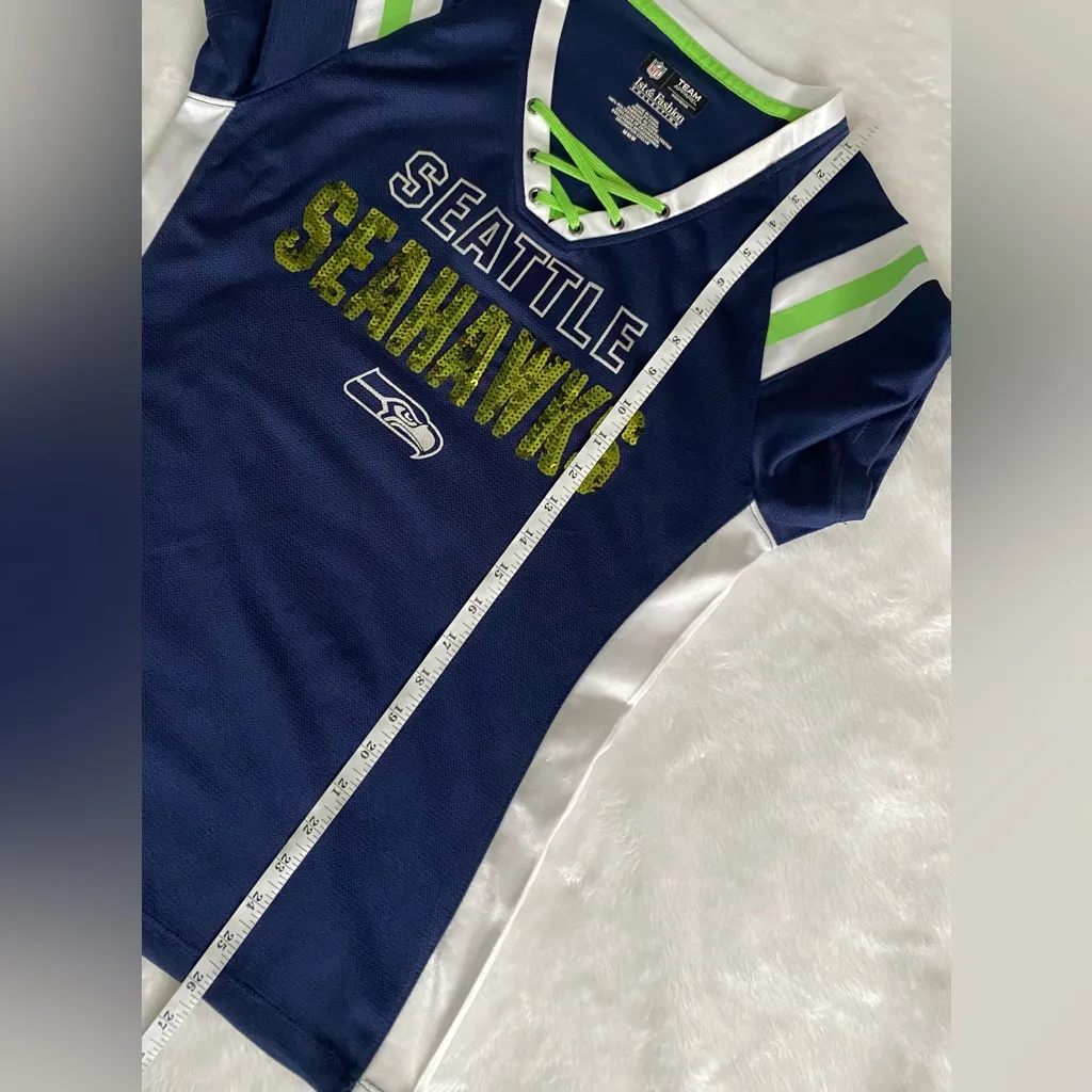 Seattle Seahawks Jersey-style lace-up neckline top. SEAHAWKS in green sequins. - Image 6