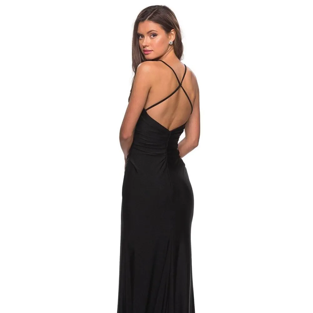 LA FEMME Cross Back Satin Jersey Trumpet Gown in Black Size US 12 - Image 9