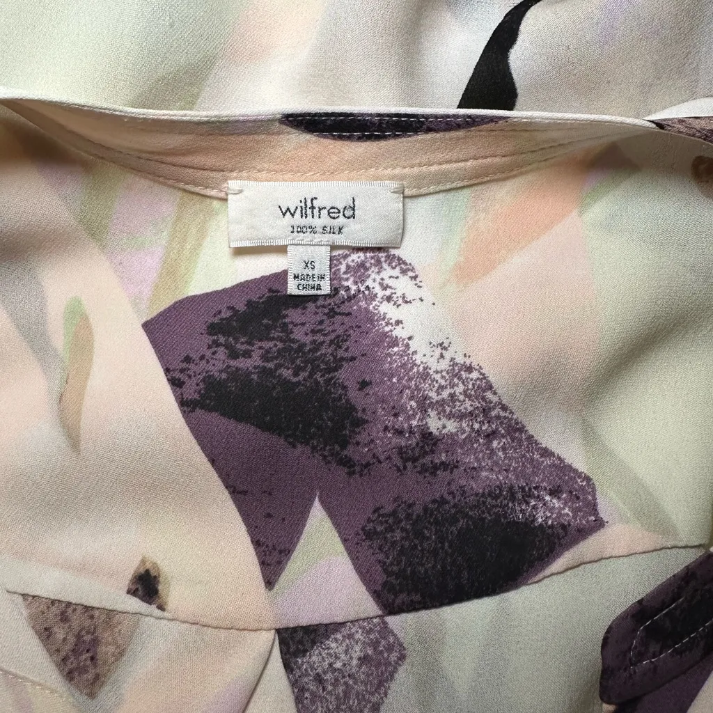 Wilfred Aritzia Silk Abstract Print Dress XS Purple Cream Geometric Button Shift - Image 5