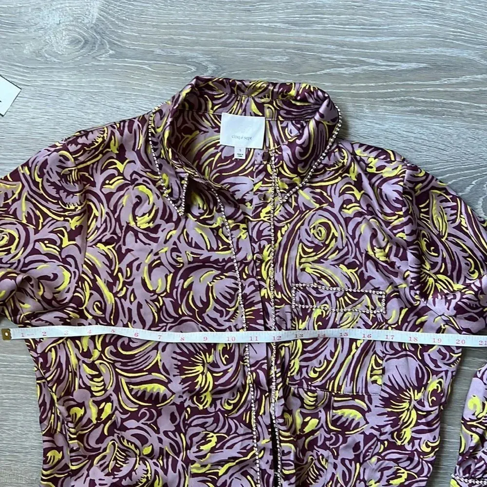 Cinq A Sept Purple Blanche Rhinestone Printed Button Front Top - Image 12