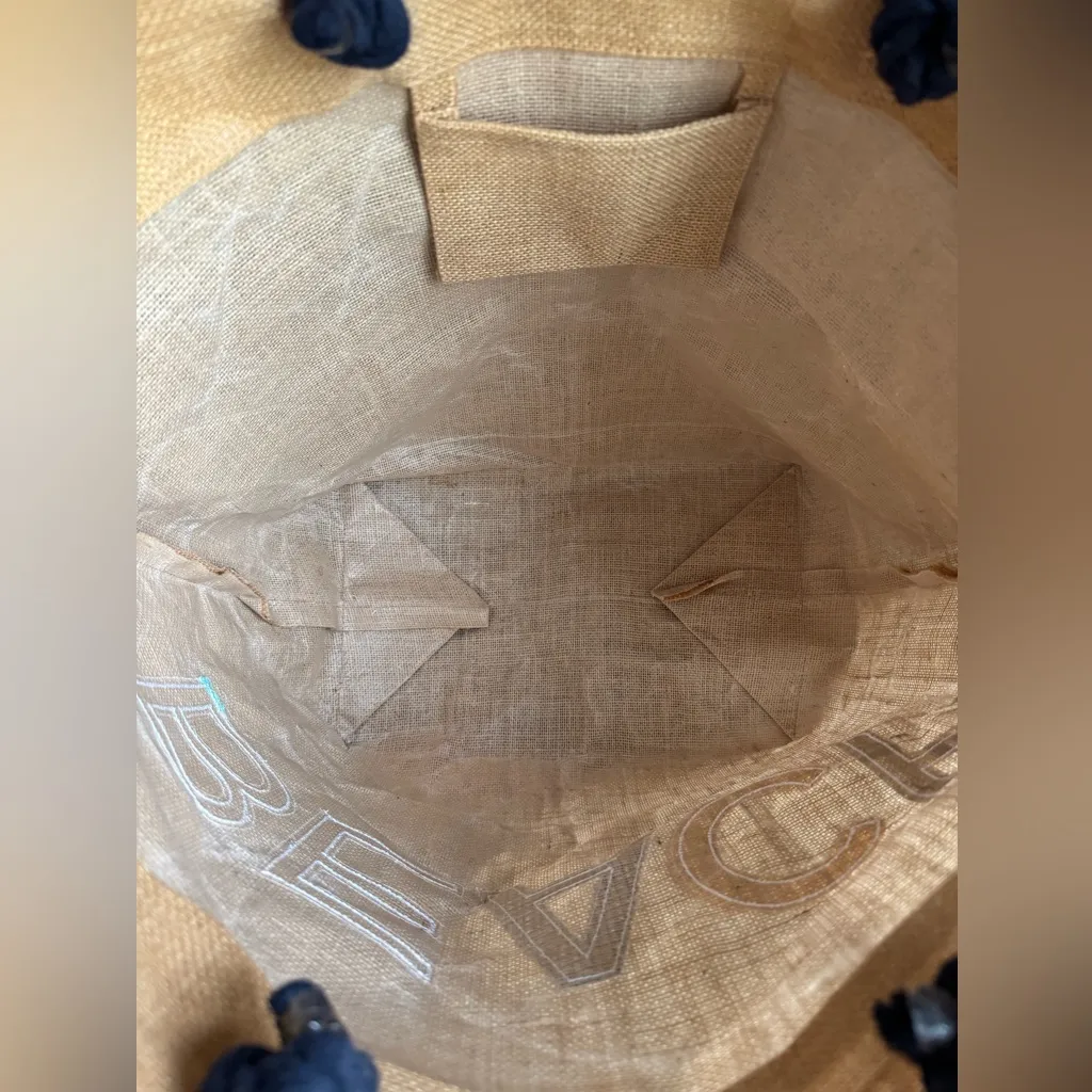 Oversized Jute Beach Tote Rope‎ Handles Appliqué Letters BEACH Market Bag Tan - Image 9