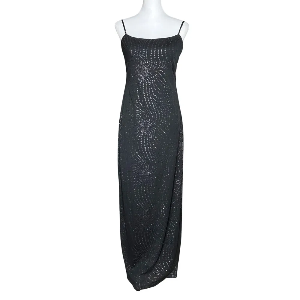 90s Vintage Black Whimsigoth Prom Dress. Medium. Empire Waist Polka Dot Glitter - Image 2