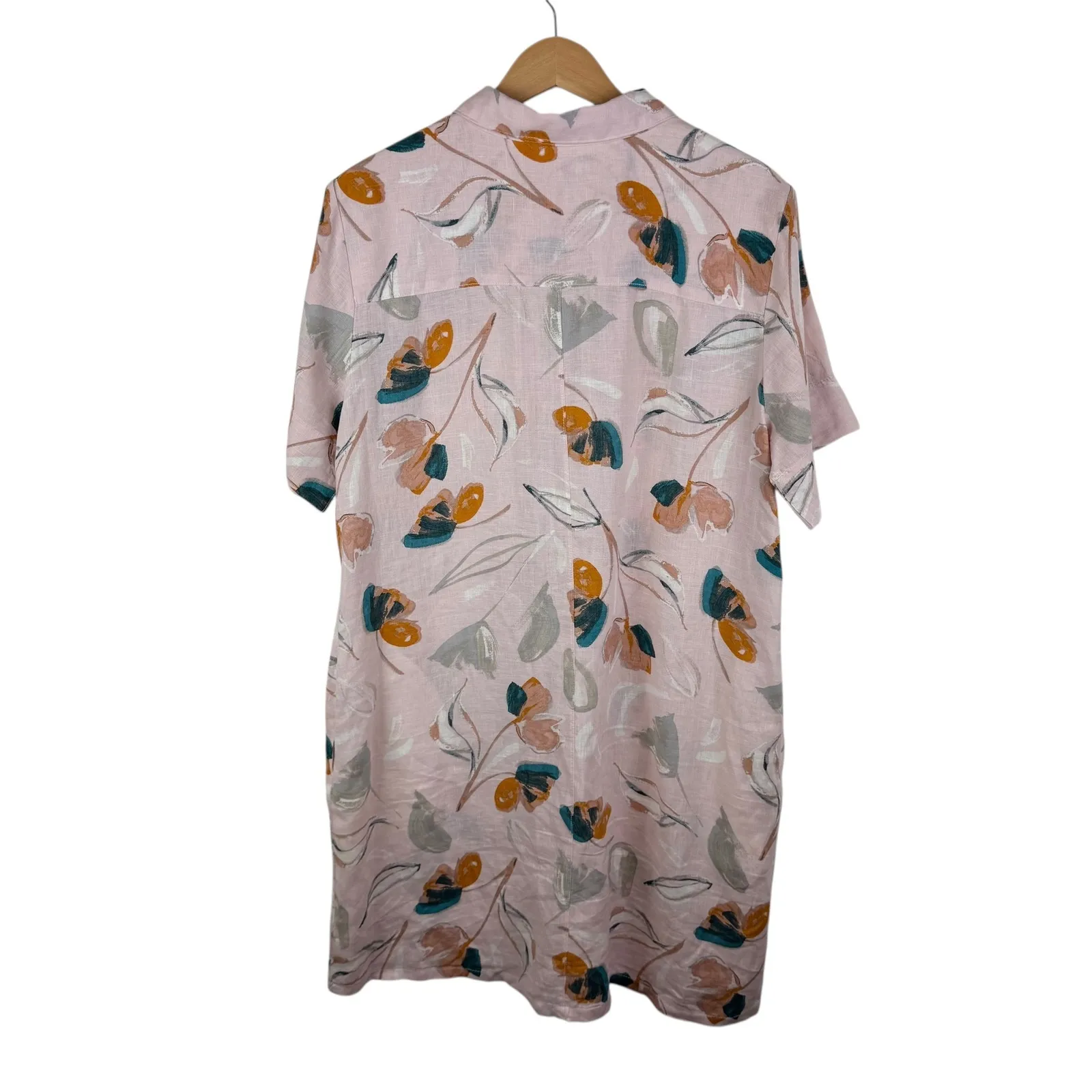 Rachel Zoe 100% Linen‎ Floral Shirt Dress Size XL Pink Button Down Coastal Artsy - Image 4