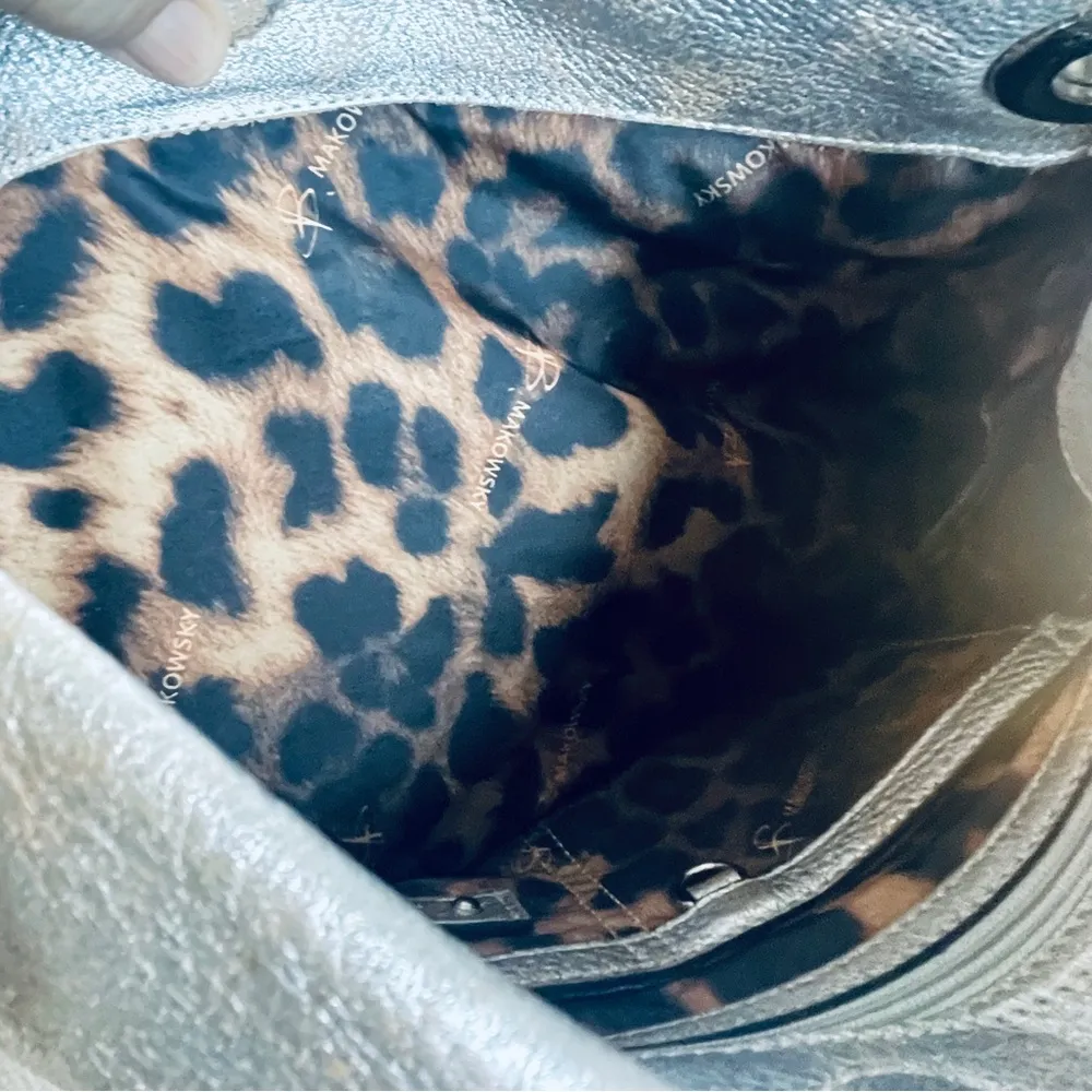 B. MAKOWSKY Metallic Tan Brown & Black Leather Snap Shoulder Bag Purse - Image 5