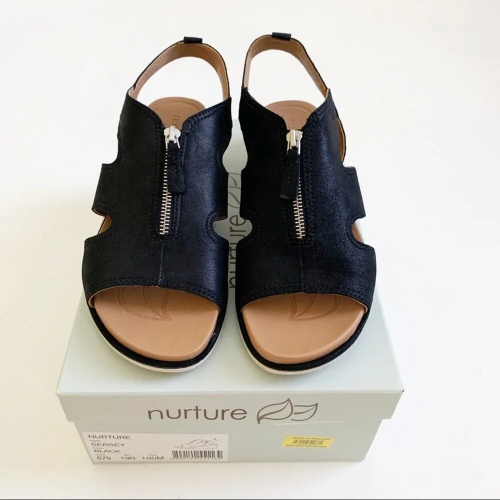 Nurture Wedge Sandal Sersey Black Leather Zipper Wedge Sandals Size 10 NIB - Image 11