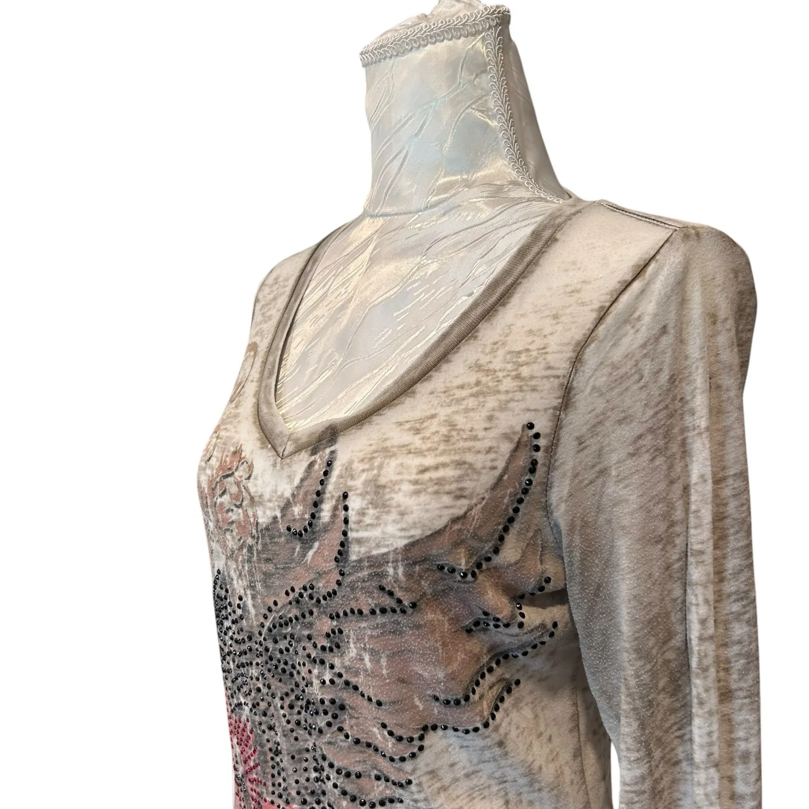 Y2K Rustic Rose Rhinestone Shirt Sheer Grunge Skater Top USA Made Sz Small - Image 9