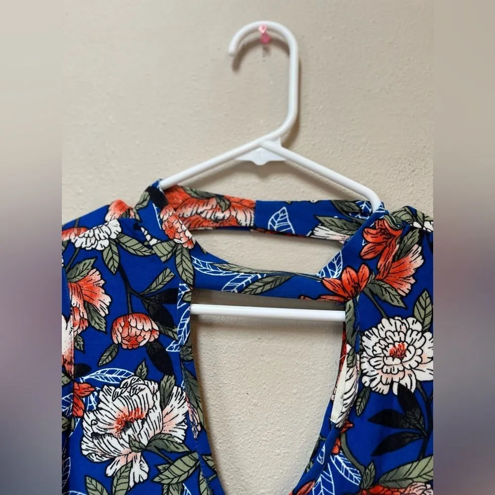 Derek Heart Blue Pink Floral Sparrow Print Dress • Boho Mini Flowy M - Image 3