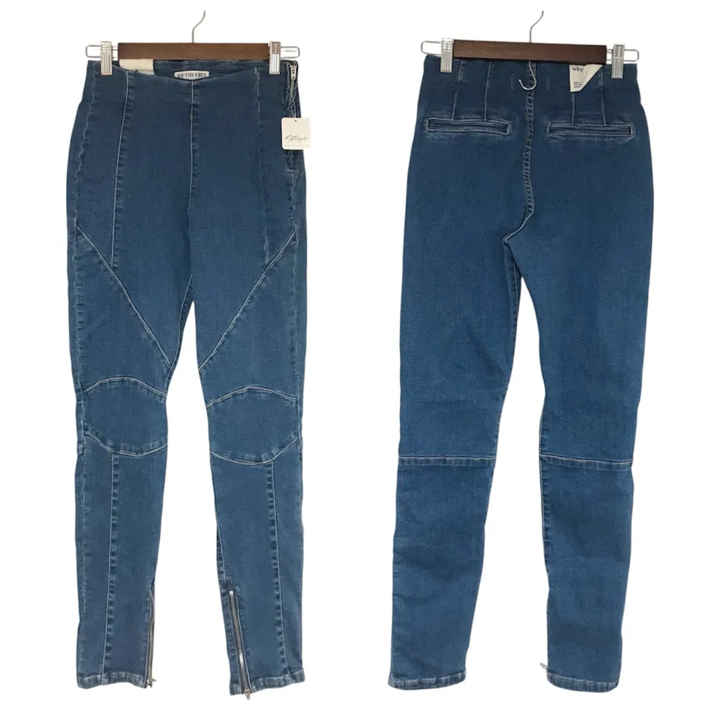 WE THE FREE Bella Moto Mid Rise Skinny Jeans Size 25 Anke Zip Bikercore Blue New - Image 2