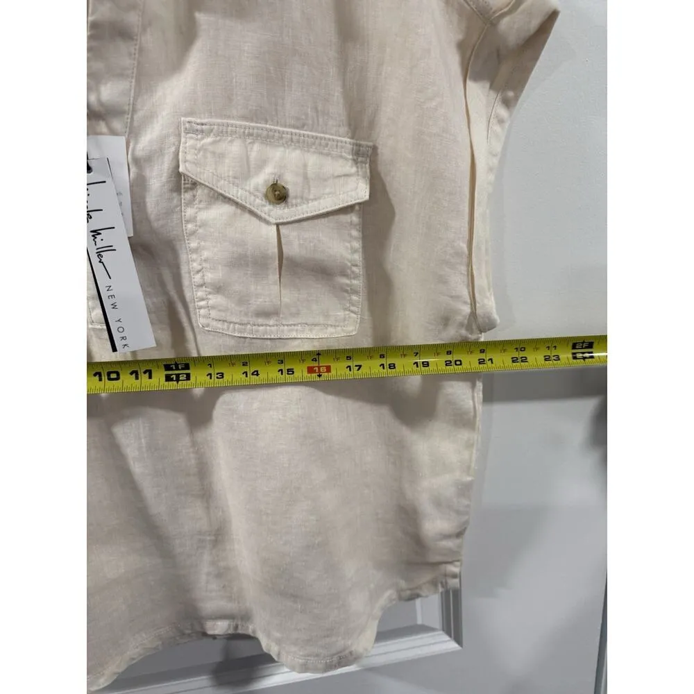 Nicole Miller Linen Top XL Beige Button Down Boho Lagenlook Short Sleeve NWT - Image 8