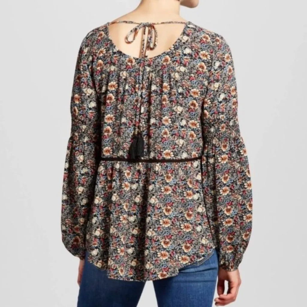 KNOX ROSE Smocked Floral Tie Back Top Black Etc Boho Long Sleeve Peasant Blouse - Image 5