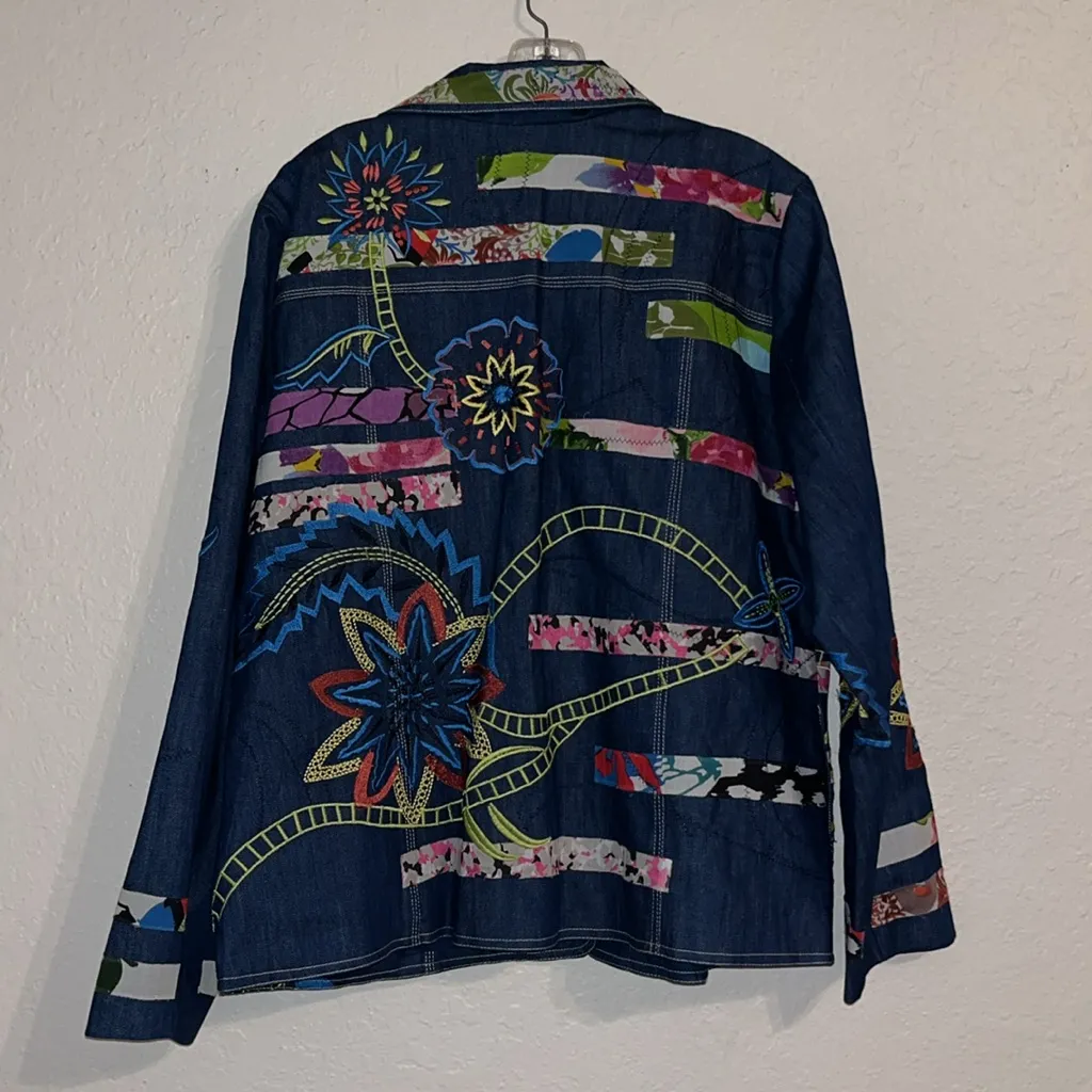 NEW Colorful Floral embroidered Denim Jacket • Jean jacket • patchwork quilted Blue Size M - Image 7