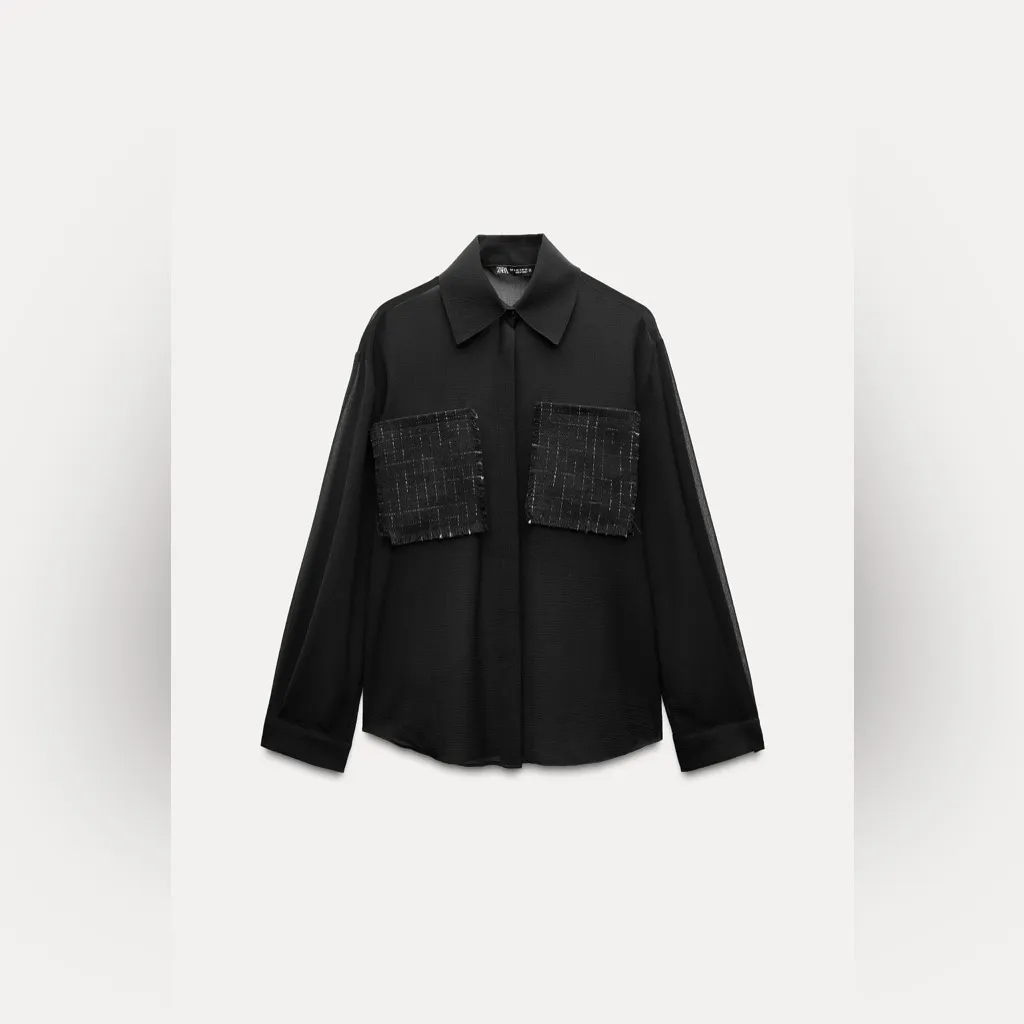 Zara black chiffon tweed pockets long sleeve collar blouse NWT - Image 3