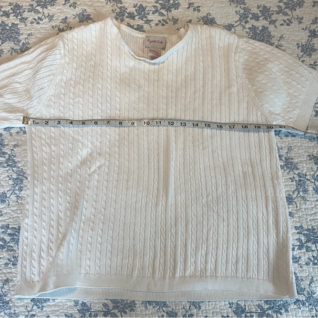 Vintage Crystal Kobe White Cable Knit Cotton Short Sleeve Sweater Size Large - Image 3
