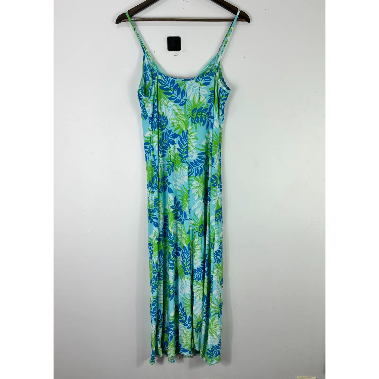 Studio Donatella Slip Dress Women M Blue‎ Green Leaf Print Lace Resort Y2K Sexy - Image 2
