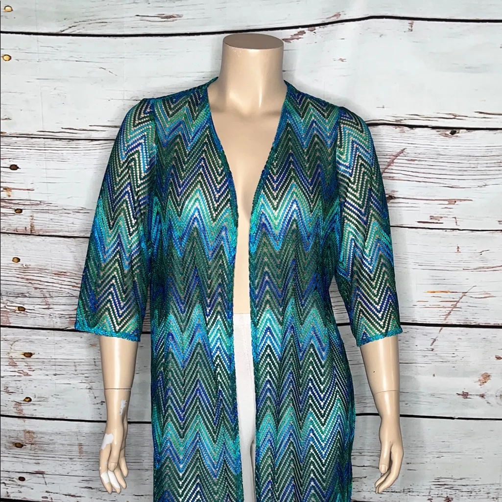 Susan Graver Size XL Green & Blue Chevron Open Front Mesh Cardigan Jacket - Image 2