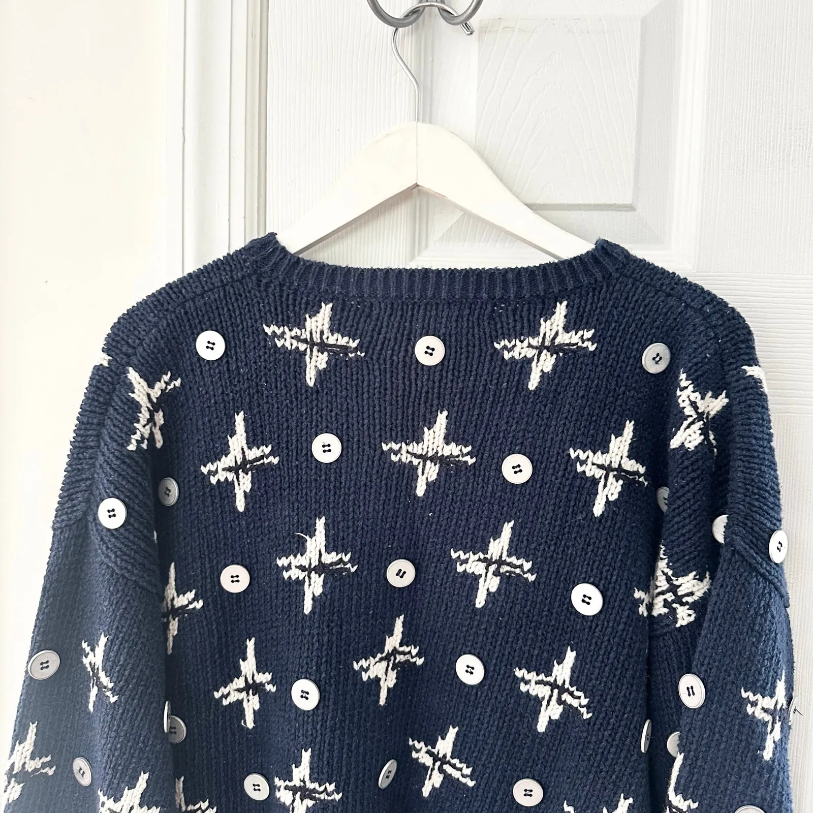 Josephine Chaus Vintage Navy Blue Starburst Button Handknit Sweater Korea Medium - Image 10