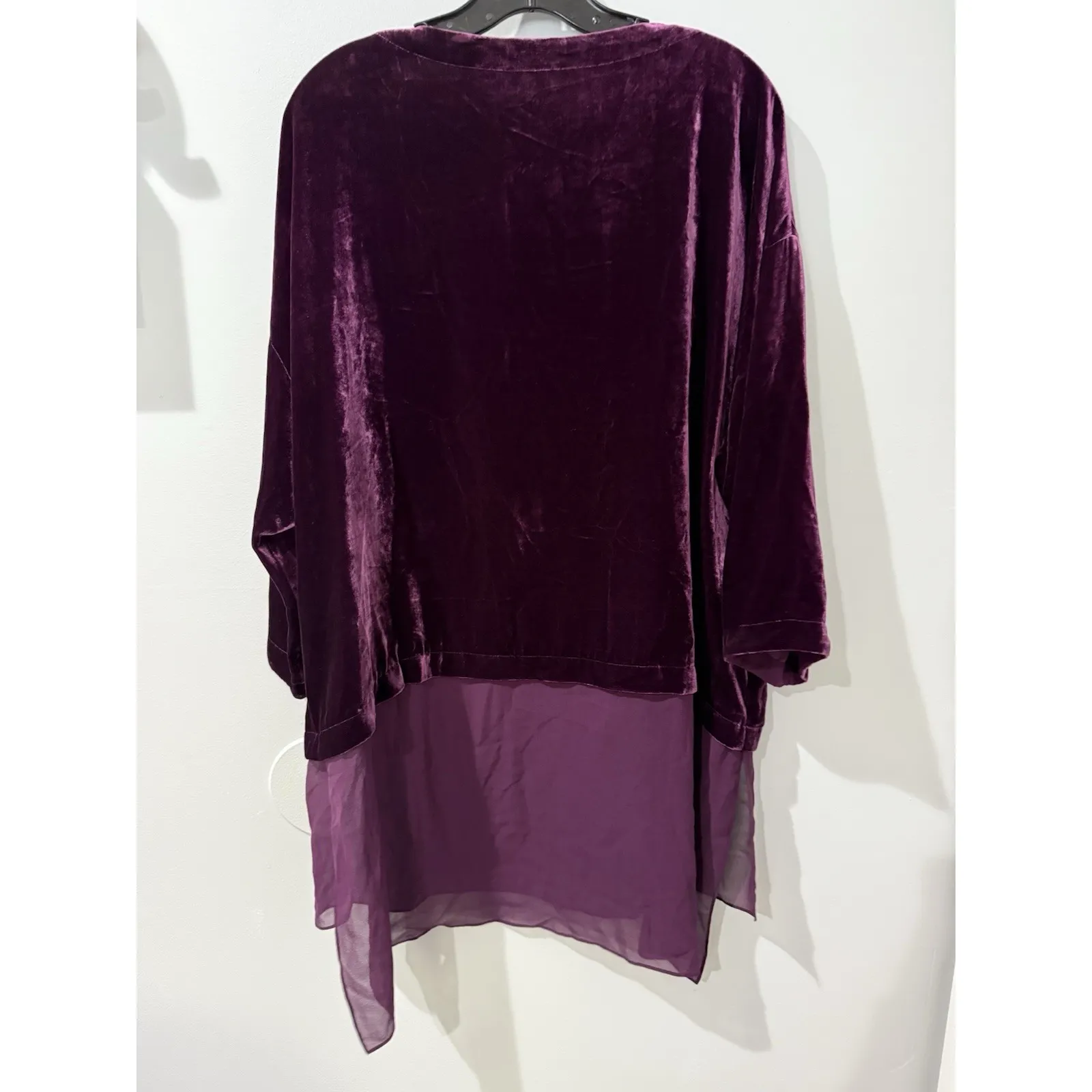 Eileen Fisher Raisonette Bateau Neck Velvet Sheer Hi-Lo Hem‎ Top Size Large U - Image 4