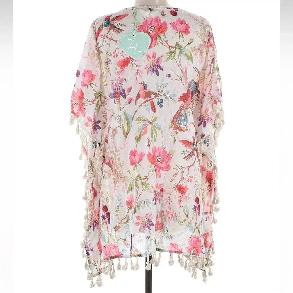 Z & L Beach Tropical Floral Bird Tassel Fringe Kimono Swim Cover Up Size M L NWT Pink Size L - Image 2