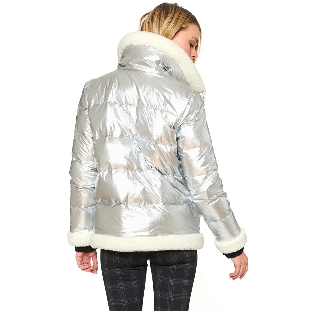 New! SANCTUARY Women's Metallic Puffer Jacket Faux Shearling Trim Size Small - Image 4