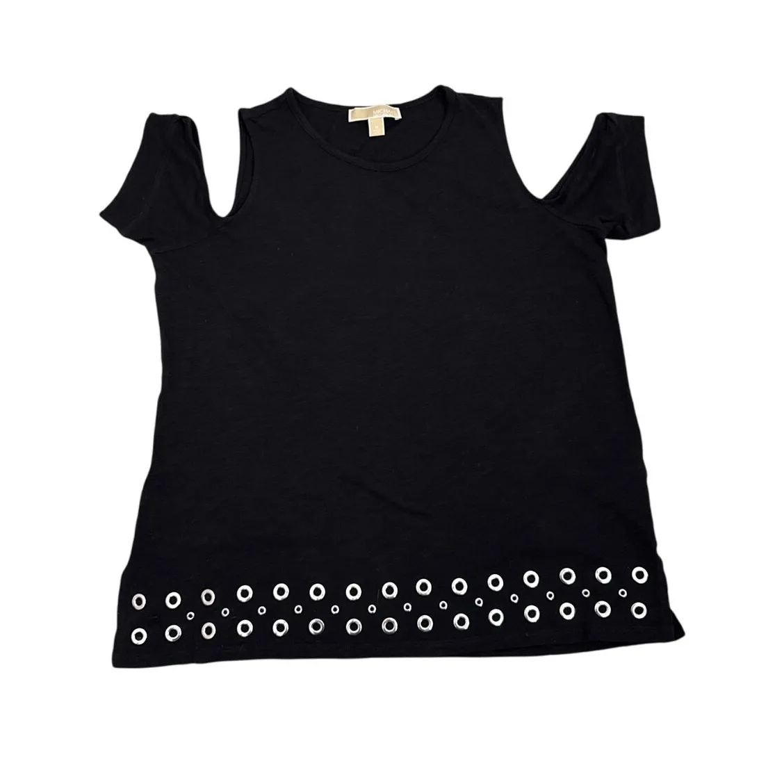 Michael Kors Blouse Silver Grommet Black Cold Shoulder Shirt Size Women's Medium - Image 2
