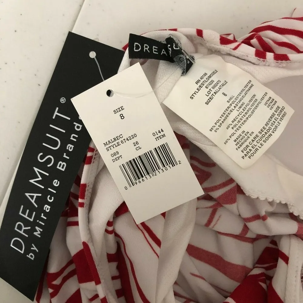 Dreamsuit by Miracle Brands Tankini Top Palm Leaf Print V Neck Red White Size 8 - Image 3