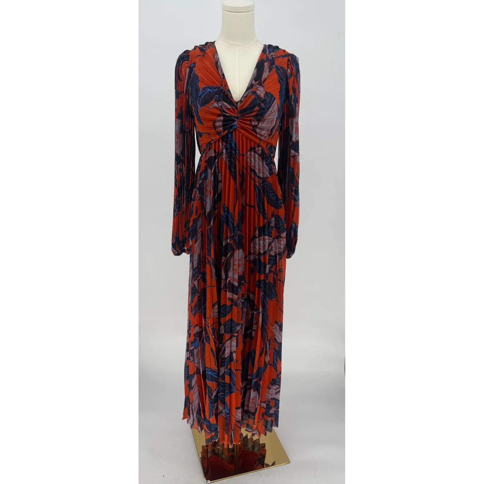 NWT Chelsea28 Floral Print Pleated Long Sleeve Dress Rust Blue Floral Sz XS $149 - Image 6