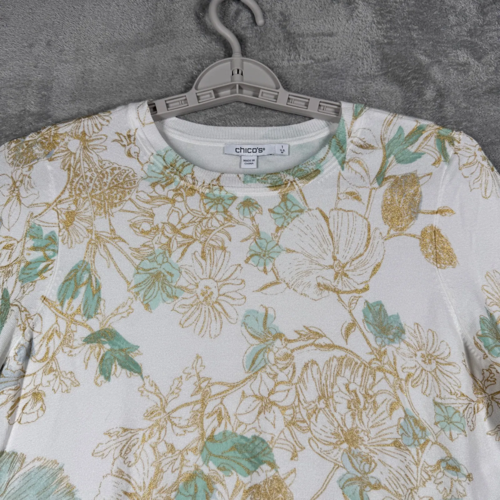 Chicos Sweater Medium Gold Metallic Floral Pullover Elegant‎ Shimmer Grannycore - Image 4