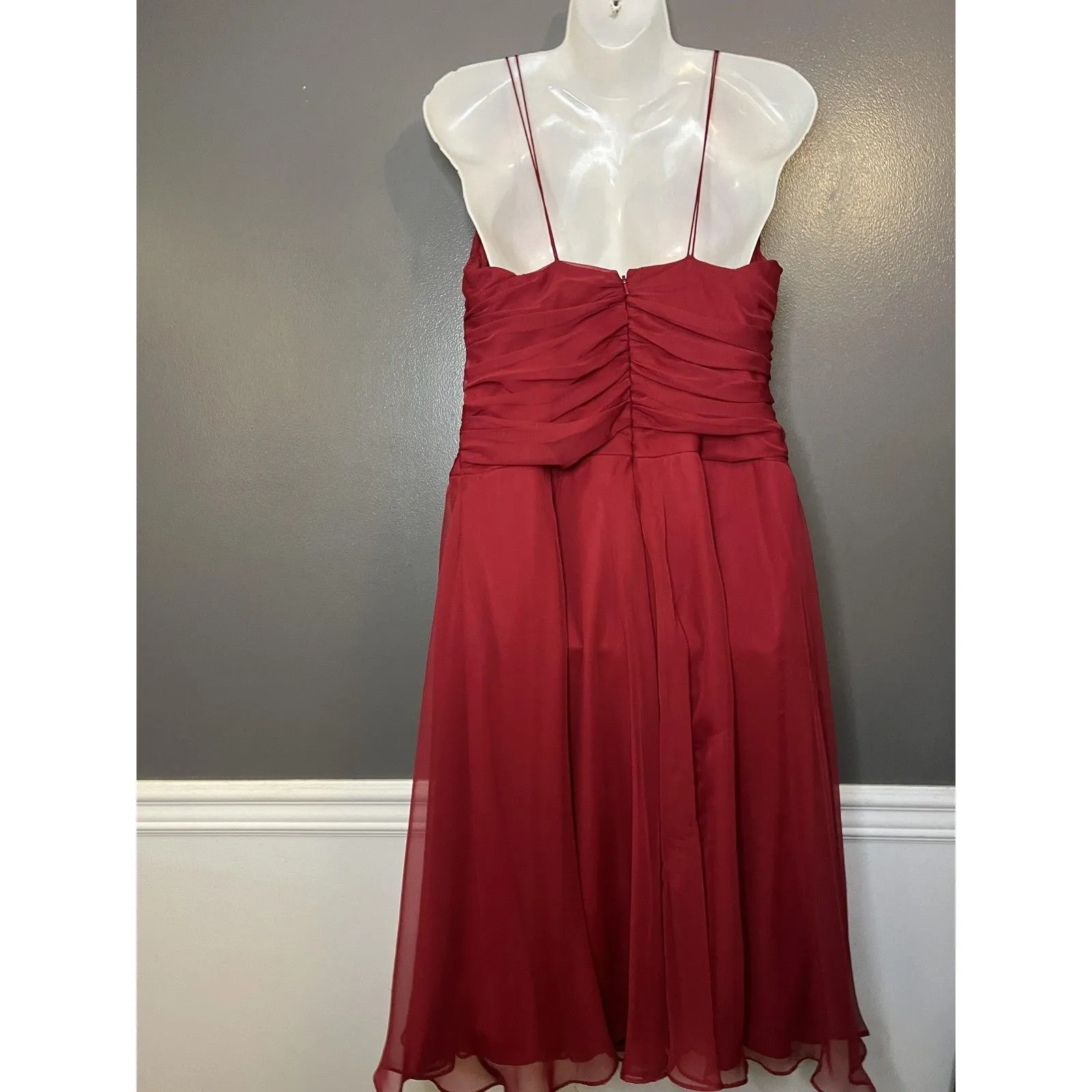 After Six Dress Womens 10 Red Claret Chiffon V Neck Ruched Midi Bridesmaid Gown - Image 6