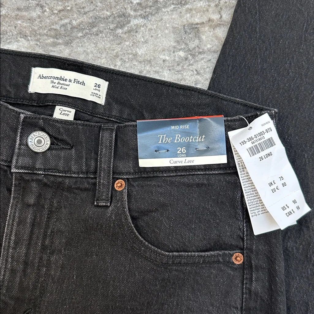 NWT Abercrombie & Fitch Curve Love The Bootcut Mid Rise Black Jeans Sz 26 Long - Image 3