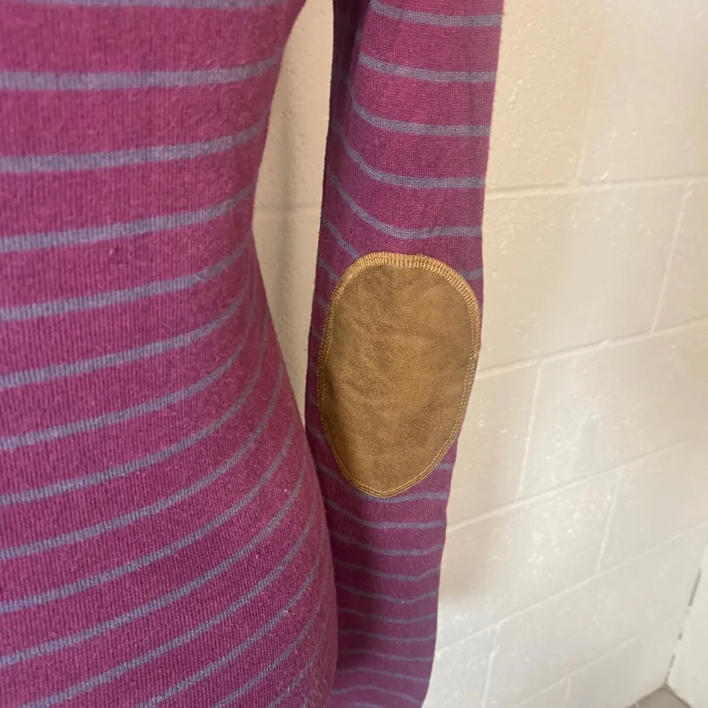 Rubbish Nordstrom Purple Plum Sweater with Gray Stripes & Brown Elbow Patches - Image 7