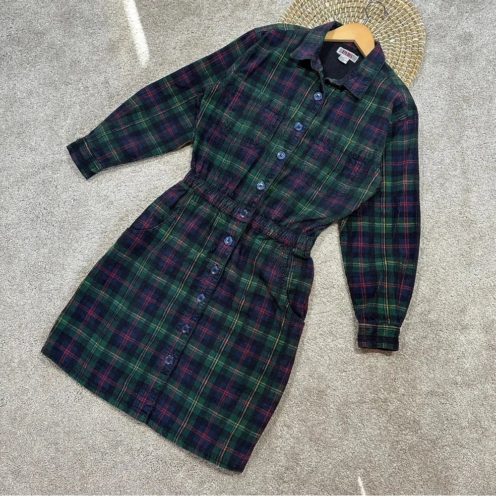 Fads Vintage 90s Y2K Tartan Plaid Corduroy Button Up Shirt Dress Long Sleeve M Green Size M - Image 4