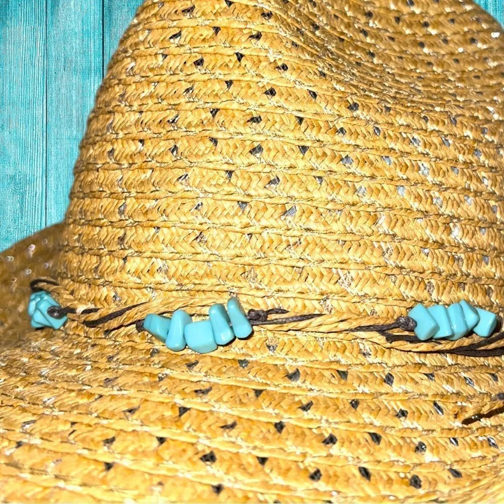 Cute straw fedora with turquoise beaded band! Tan - Image 4