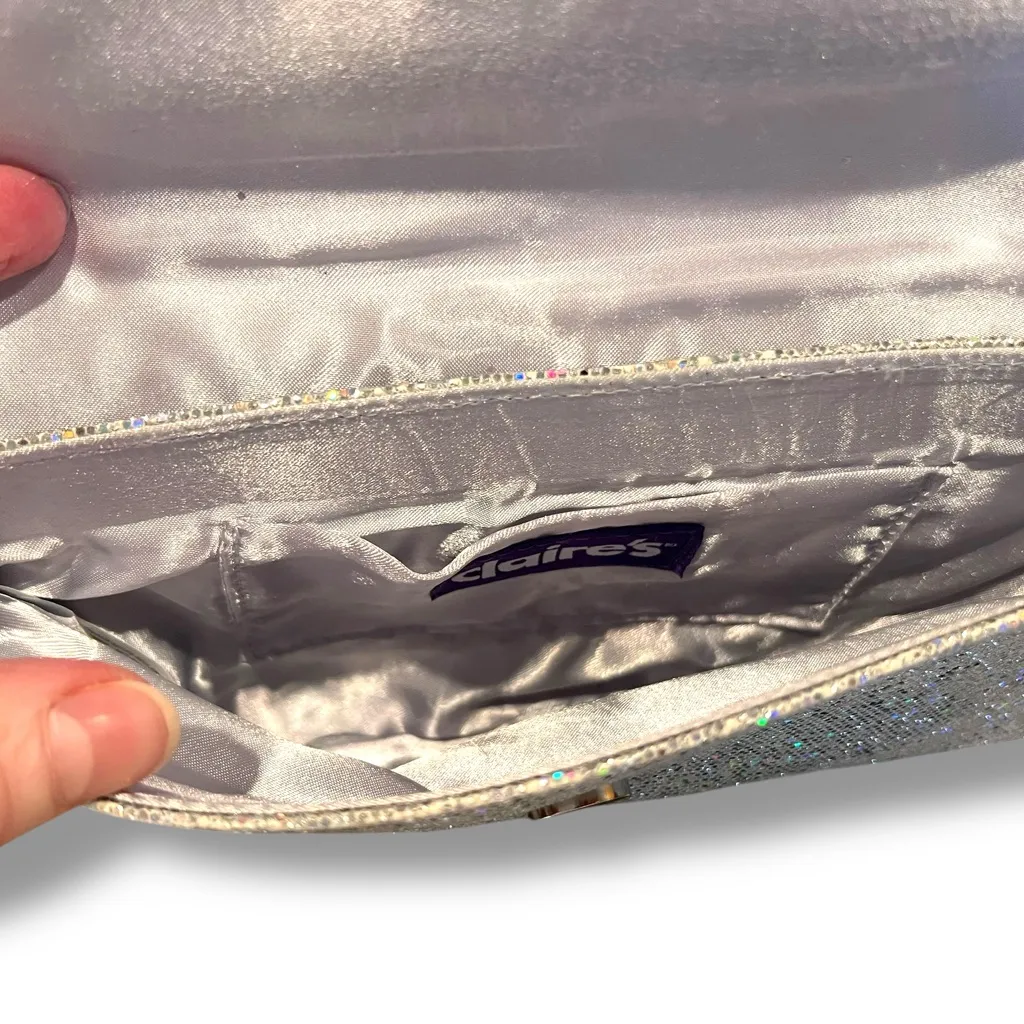 Claire's Clutch Silver Metallic Glittering Bag Envelope. Detachable Chain Strap - Image 3